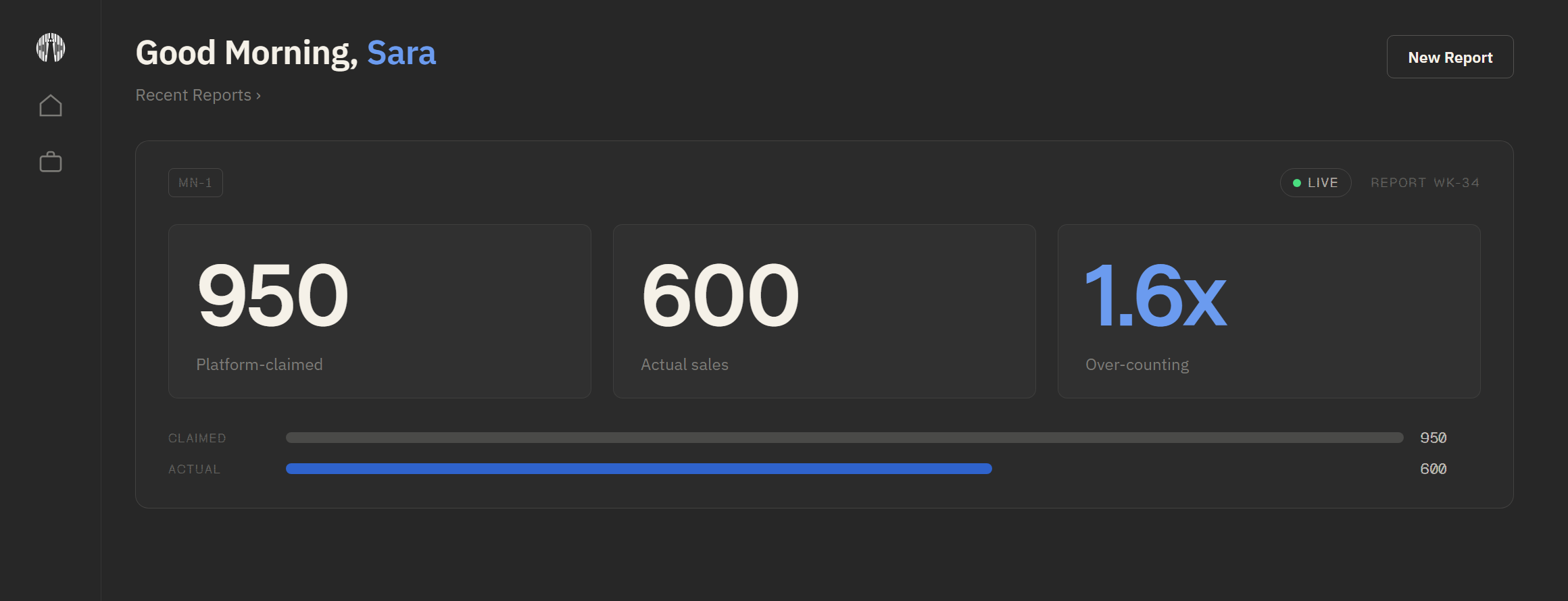 Menara dashboard: recent reports and live measurements